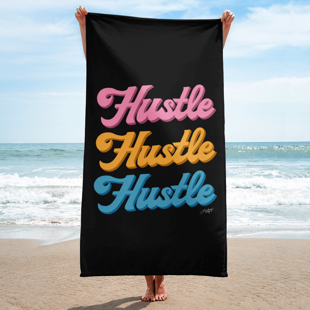 hustle hustle hustle hand lettering design blue retro colors boss babe work hard beach towel pool accessory cute lindsey kay collective