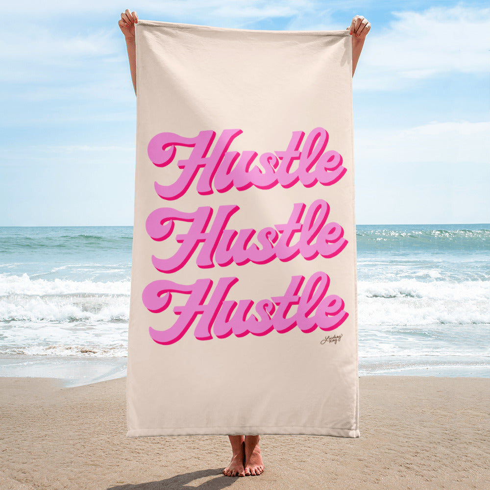 hustle hustle hustle hand lettering design retro pink boss babe work hard beach towel pool accessory cute lindsey kay collective