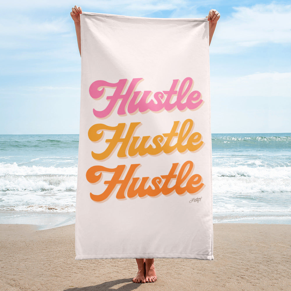hustle hustle hustle hand lettering design orange yellow pink boss babe work hard beach towel pool accessory cute lindsey kay collective