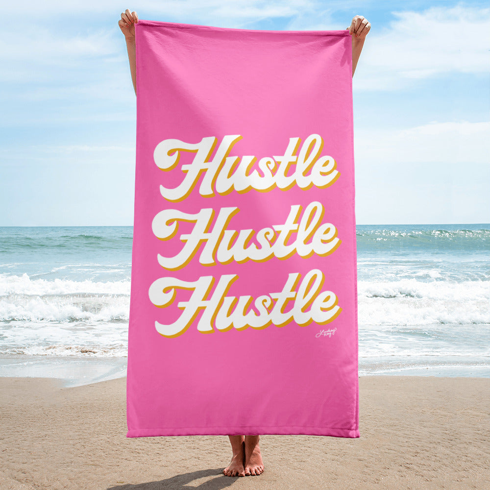 hustle hustle hustle hand lettering design pink boss babe work hard beach towel pool accessory cute lindsey kay collective