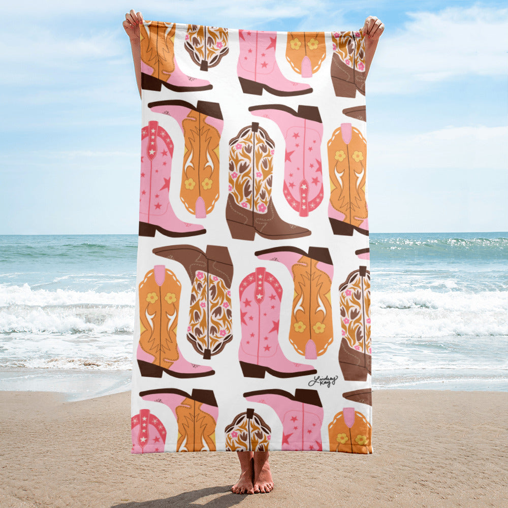 cowboy boots illustration feminine colorful pink orange yellow design beach pool park towel blanket summer lindsey kay collective