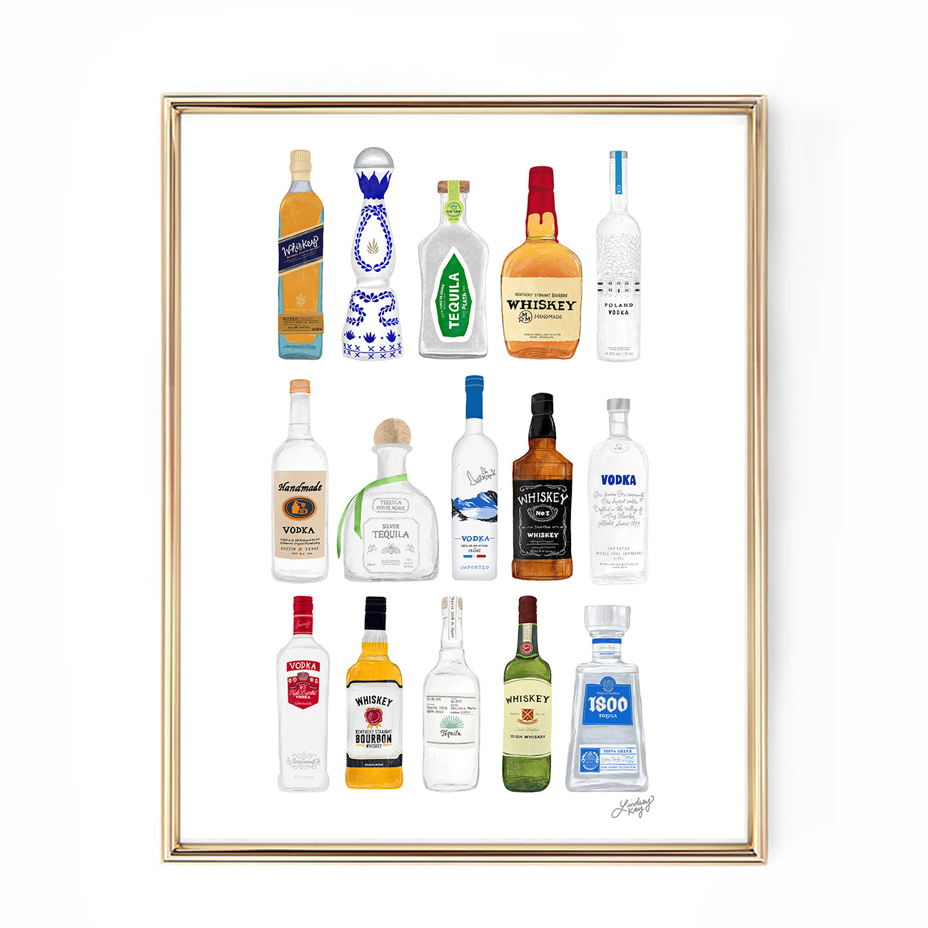 tequila whiskey vodka bottles illustration design bar cart decor kitchen art print boozy party classy lindsey kay collective