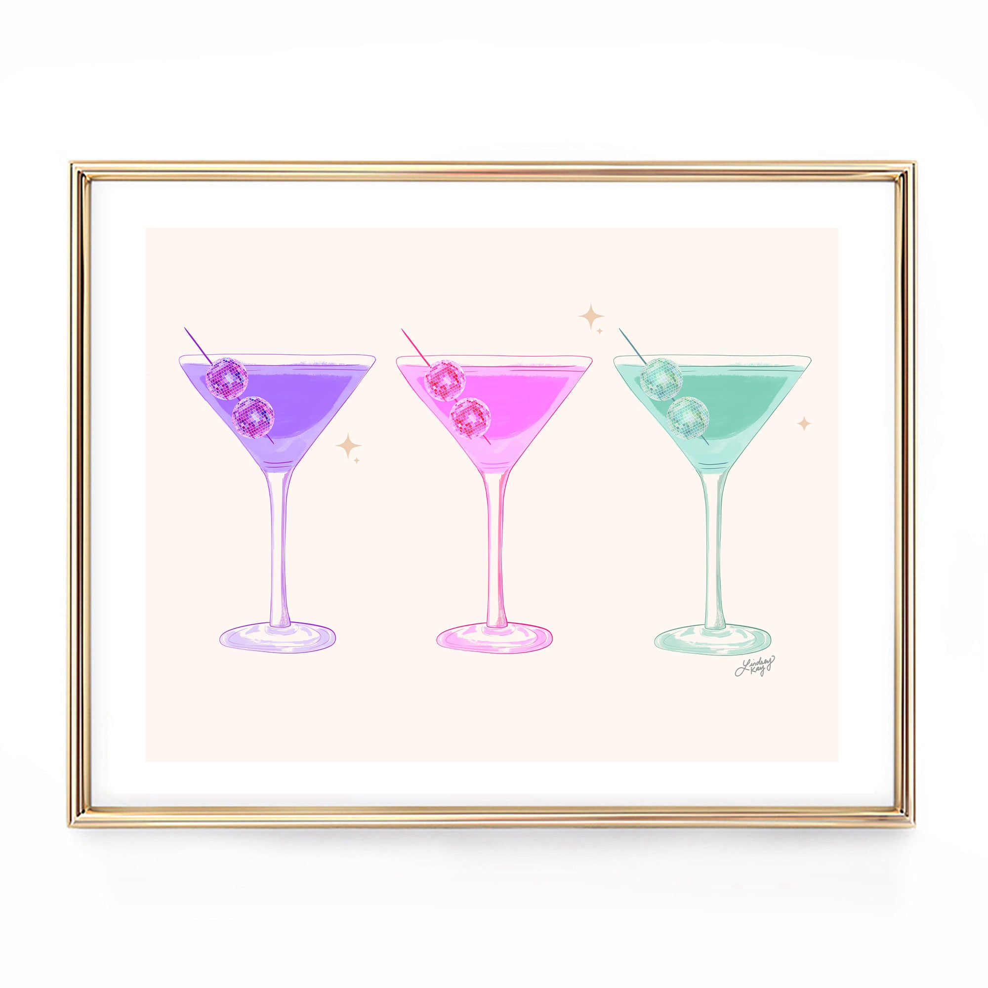 disco ball martini glasses illustration painting wall art print poster lindsey kay collective bar cart decor