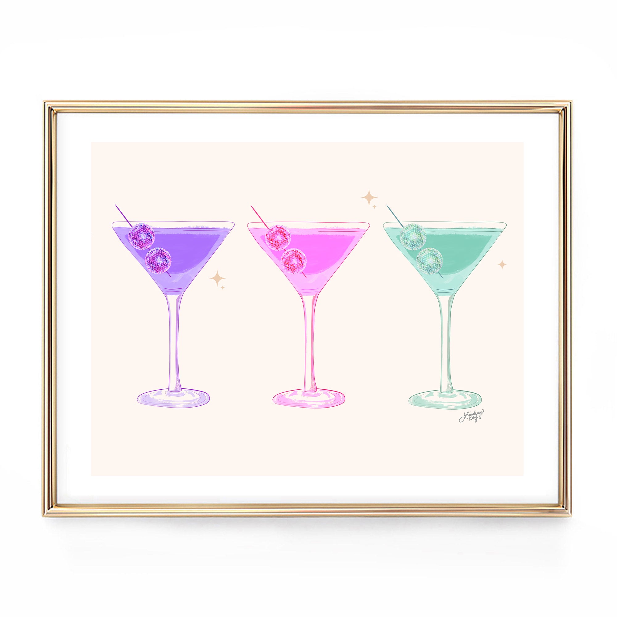 Hand-illustrated pastel martini disco ball art print by Lindsey Kay Collective – retro girly cocktail wall art – colorful pastel bar cart or gallery wall decor – printed on enhanced matte paper with vibrant inks – available in multiple sizes