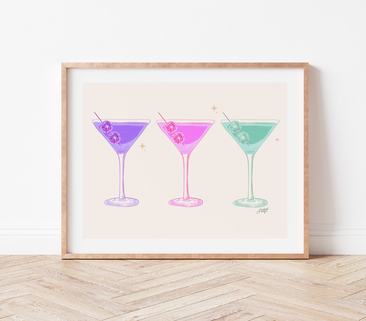 Ilustración de tres martinis de bola de discoteca - Impresión de arte