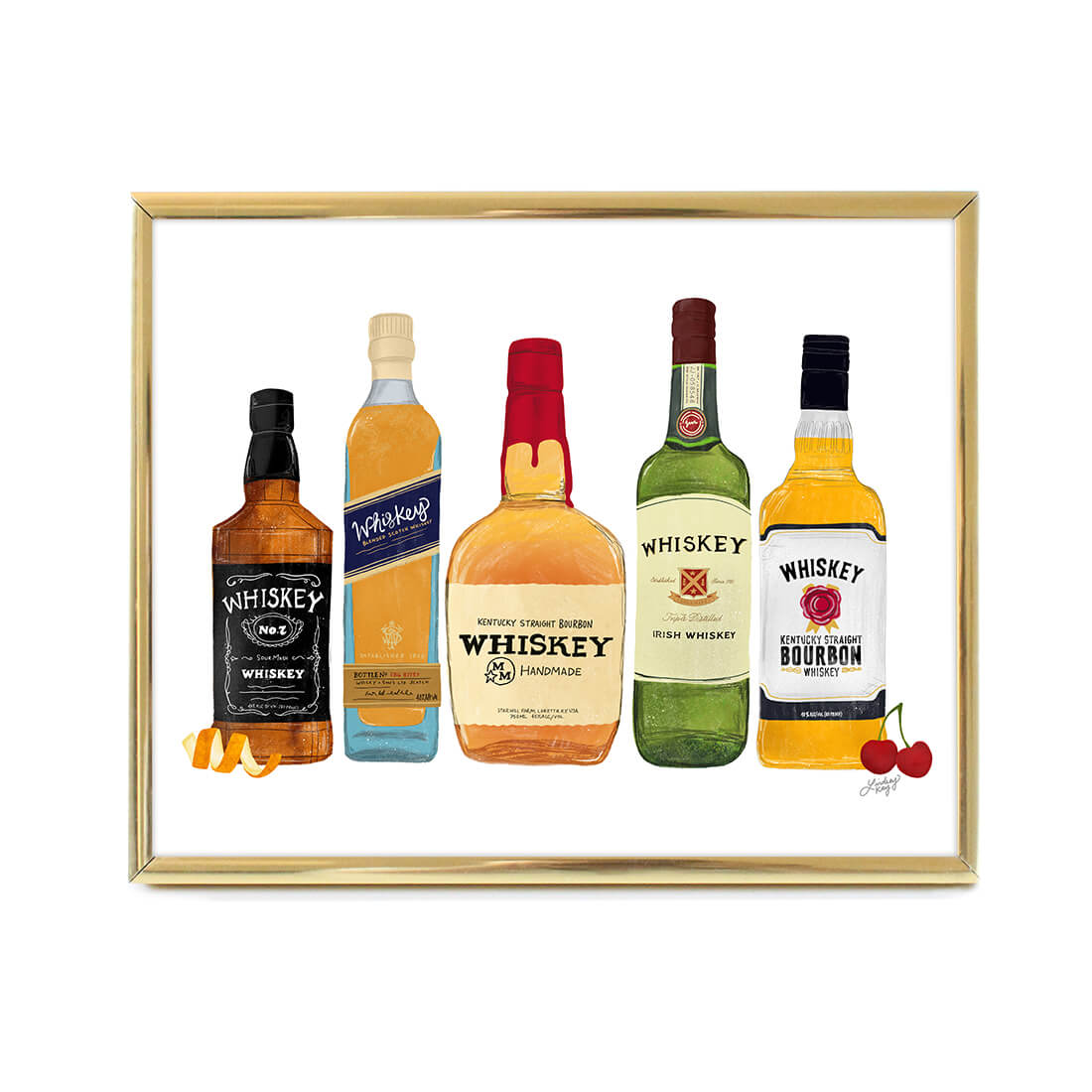 whiskey bottles art print wall art illustration design bar cart gift decor man cave lindsey kay co
